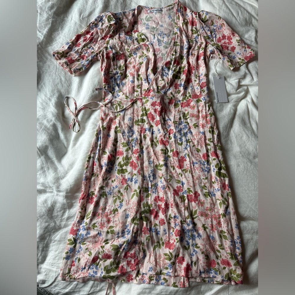 Reformation Pink Floral Wrap Midi Dress - Picture 3 of 7